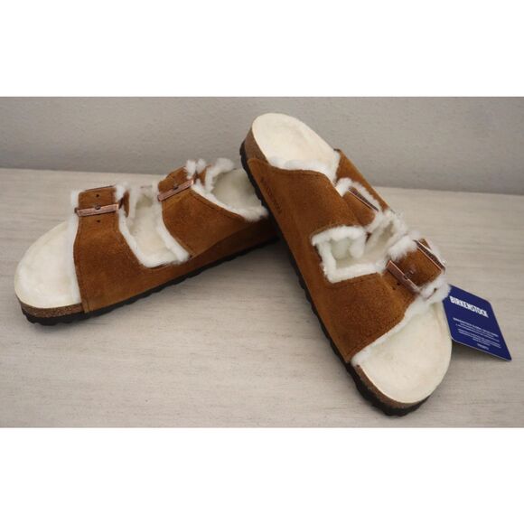 Birkenstock Women's 10 Men's 8 Mink Brown Arizona Shearling Suede Sandals - Picture 15 of 16